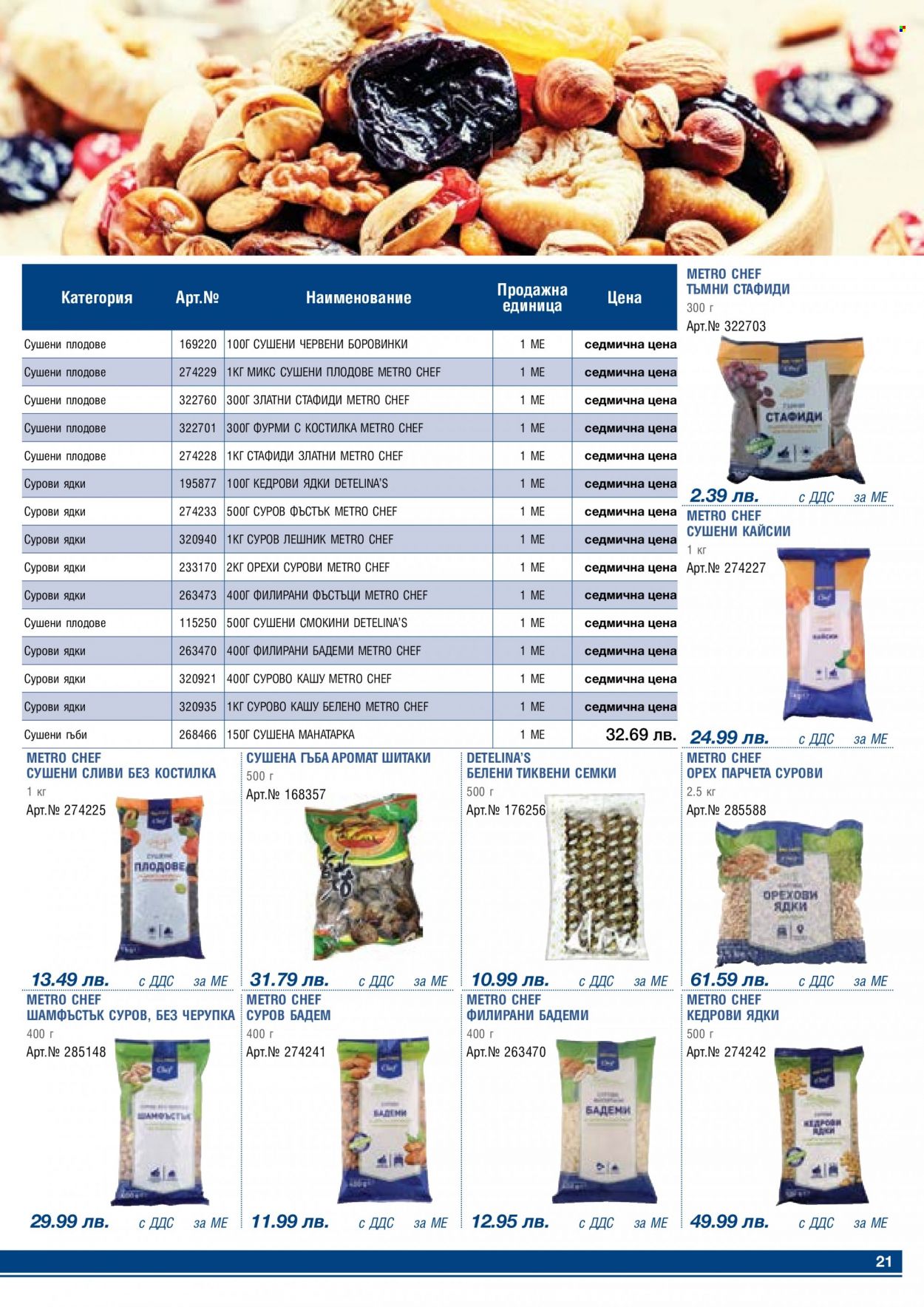 Брошура на МЕТРО - 01.05.2023 - 31.05.2023 - Продавани продукти - боровинки, кайсии, бадеми, сушени кайсии, фъстъци. Страница 21.