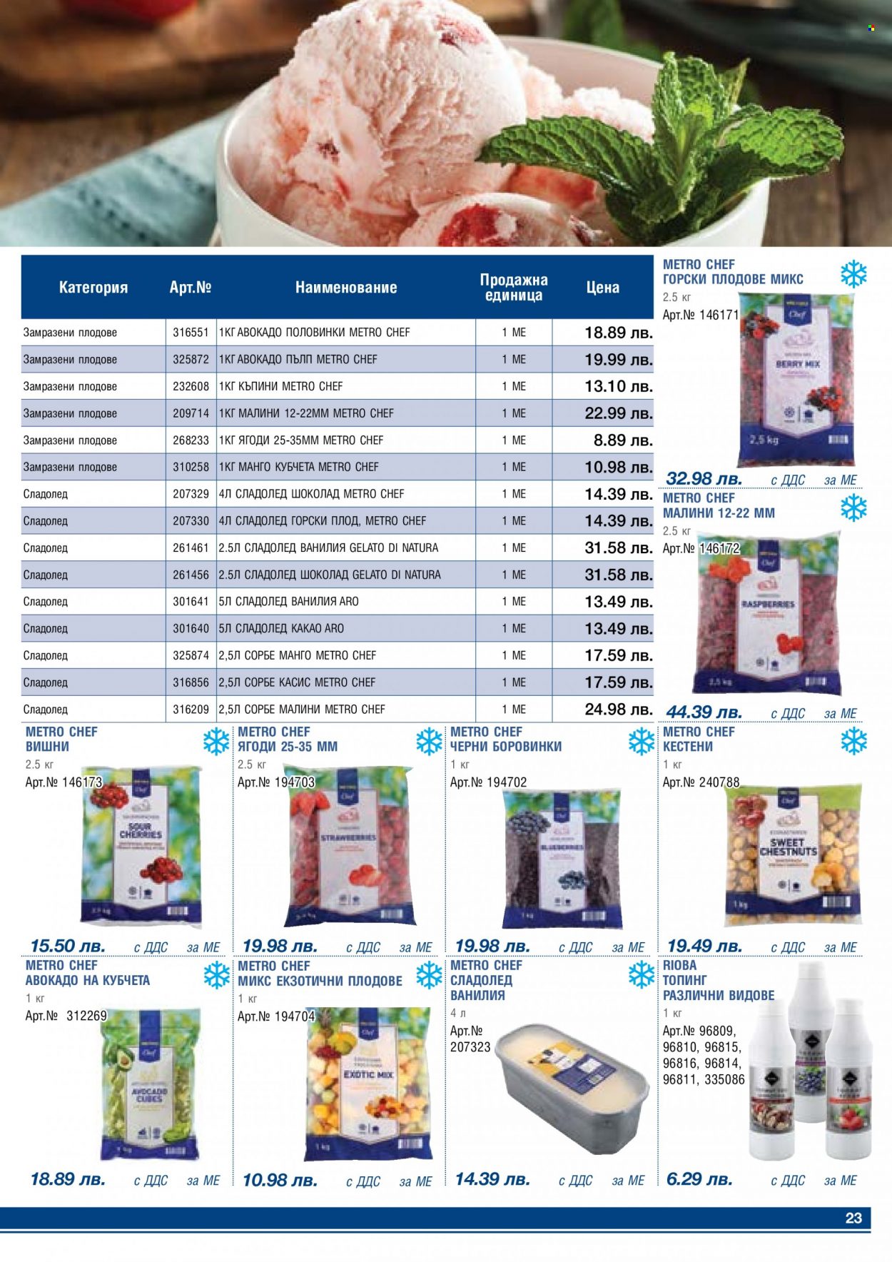 Брошура на МЕТРО - 01.05.2023 - 31.05.2023 - Продавани продукти - авокадо, боровинки, сладолед, замразени плодове. Страница 23.