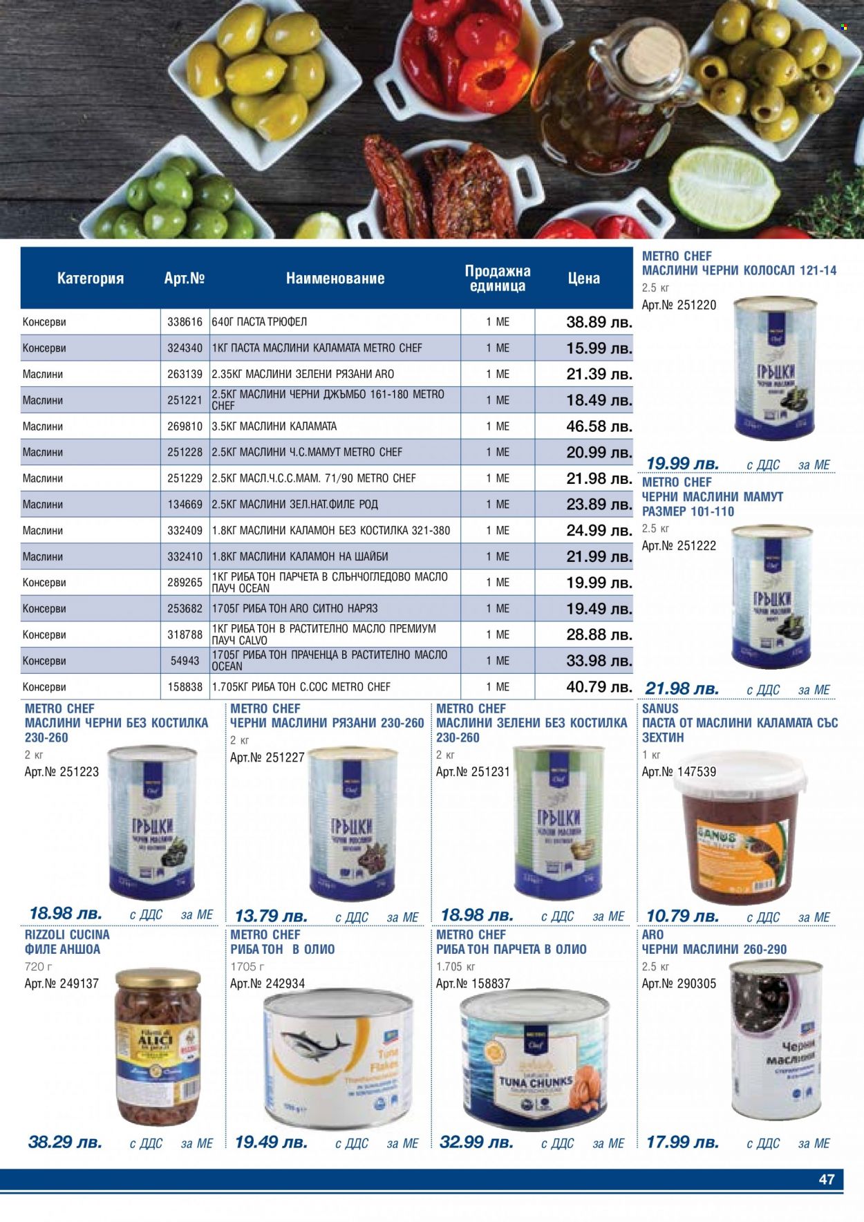 Брошура на МЕТРО - 01.05.2023 - 31.05.2023 - Продавани продукти - черни маслини, маслиново масло. Страница 47.