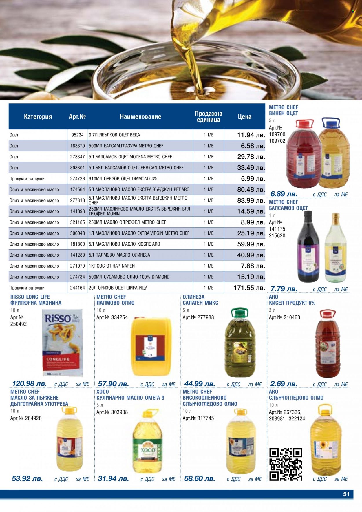 Брошура на МЕТРО - 01.05.2023 - 31.05.2023 - Продавани продукти - слънчогледово олио, маслиново масло eкстра върджин, олио, палмово олио, балсам. Страница 51.