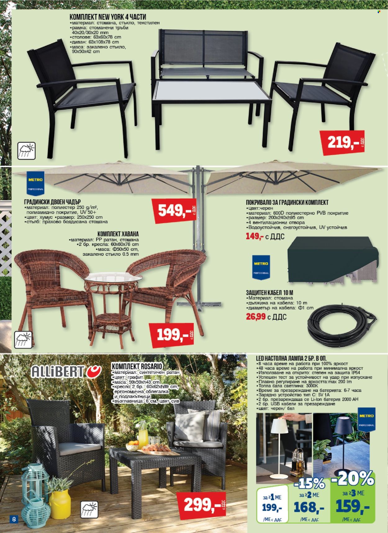 thumbnail - Брошура на МЕТРО - 11.04.2024 - 08.05.2024 - Продавани продукти - хумус, чаша, диван, кресло, градински комплект, лампа, настолна лампа, чадър. Страница 8.