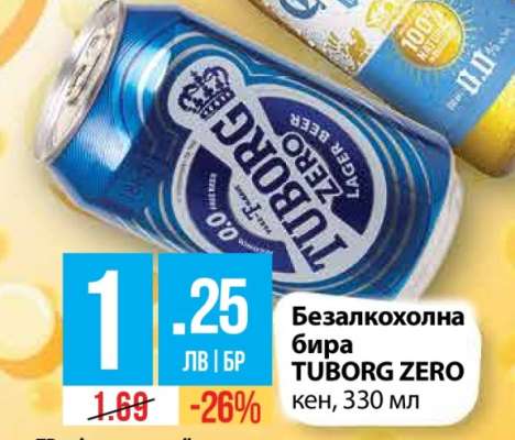 Безалкохолна бира TUBORG ZERO