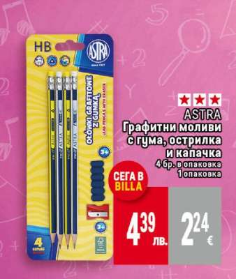 ASTRA Графитни моливи с гума, острилка и капачка