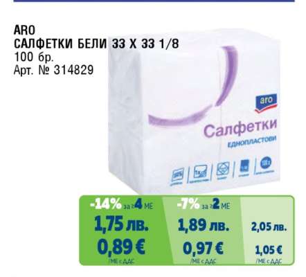ARO САЛФЕТКИ БЕЛИ 33 X 33 1/8