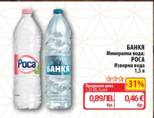 БАНКЯ Минерална вода; РОСА Изворна вода 1.5 л
