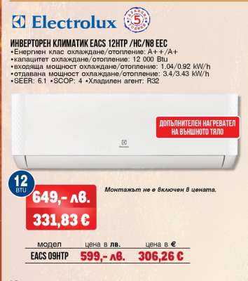 Electrolux Инверторен климатик EACS 12HTPR /HC/N8 EEC