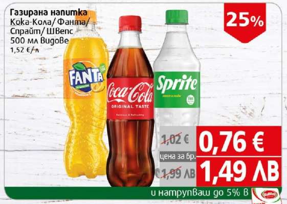 Газирана напитка Кока-Кола/Фанта/Спрайт/Швепс