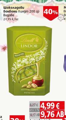 Шоколадови бонбони Линдт 200 гр Видове