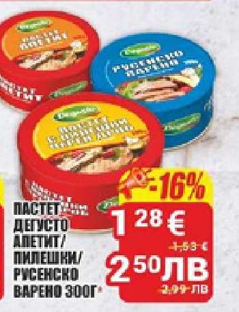 ПАСТЕТ ДЕГУСТО АПЕТИТ/ПИЛЕШКИ/РУСЕНСКО ВАРЕНО 300Г