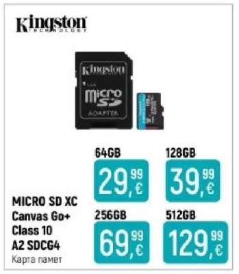 Kingston MICRO SD XC Canvas Go+ Class 10 A2 SDCG4